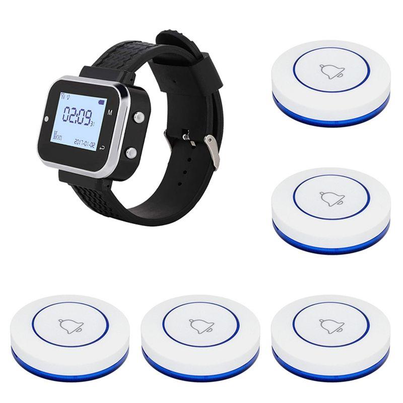 Feb.Wireless Calling System 5 Table Call Button Transmitters 1 Watch Pager, Restaurant Waiter Service Bell Buzzer