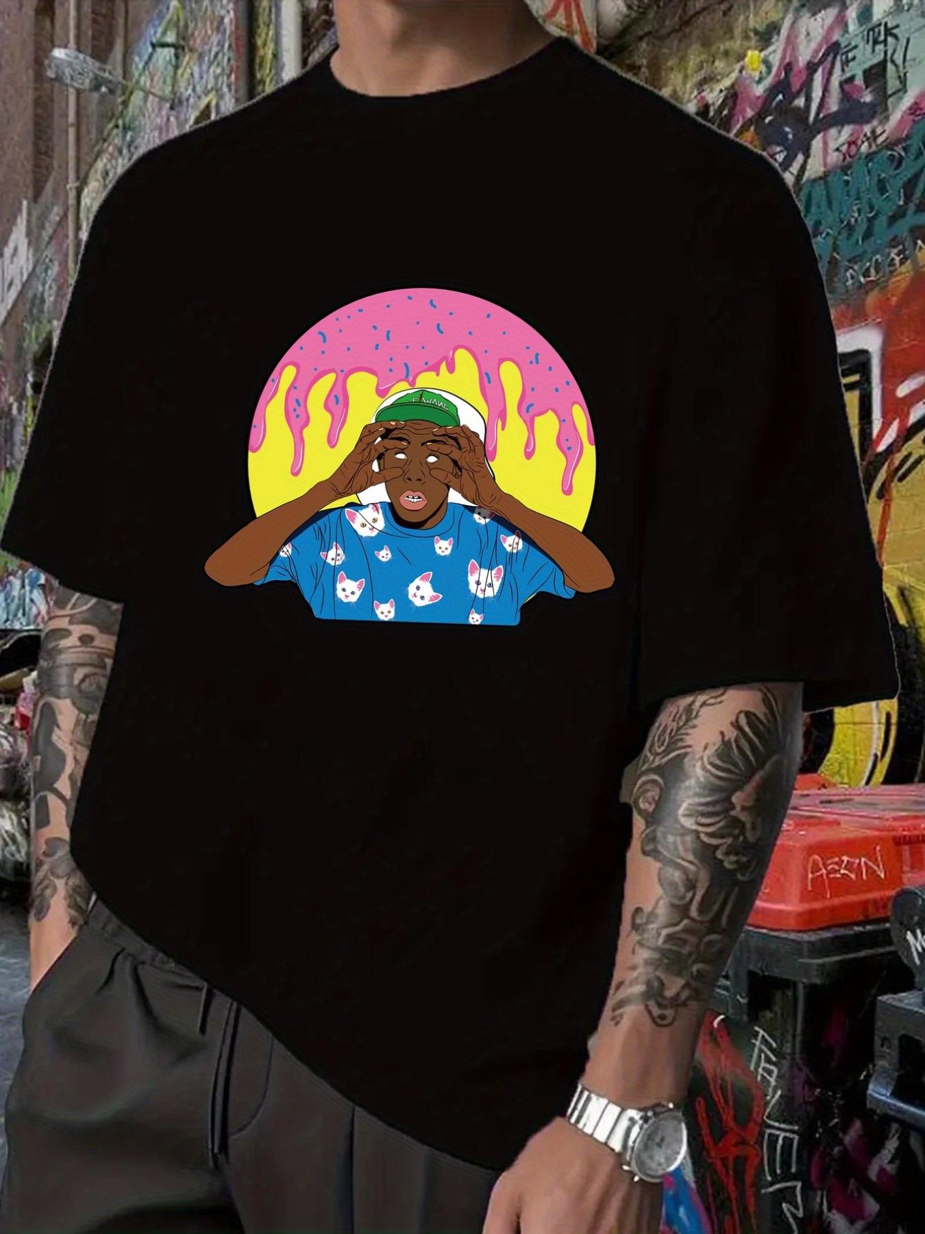 

Hip-Hop Cartoon Donut Print T-shirt - Black Casual Short Sleeve Tee with Pink & Yellow Design XXXL