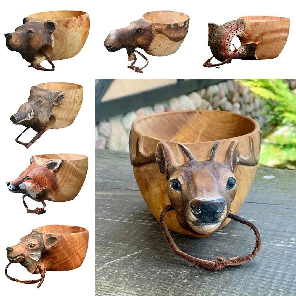 

Креативний відкритий кемпінг Дерев яна чашка Чашка для кави Тварина Чашка для води Чашка тварини у формі ручної різьби Wolf