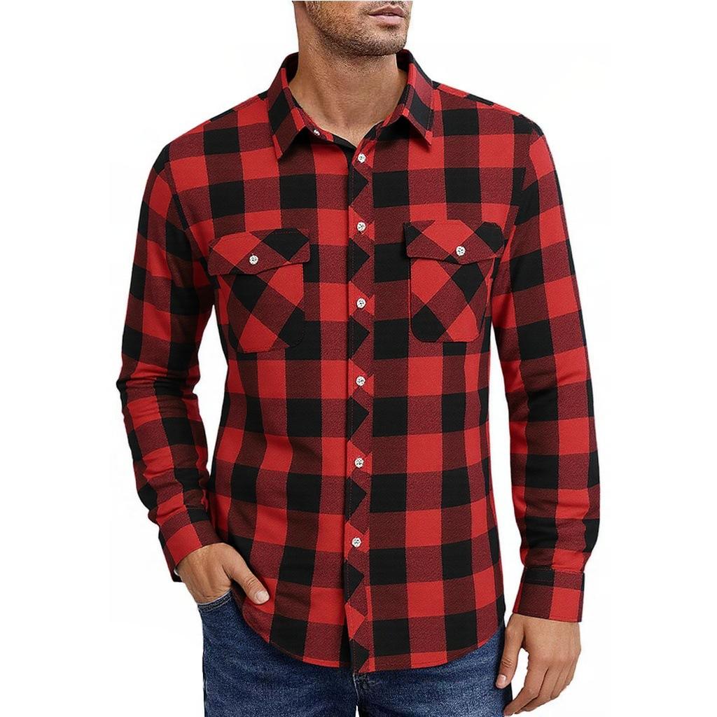 Spring and Summer Slim-fit Black and Red Polished Plaid Shirt Long-sleeved Double-pocket Large-size Cardigan