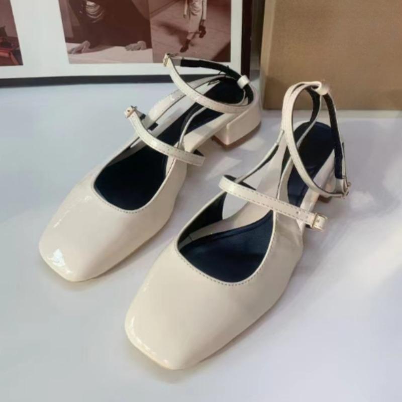 Mid Heels Office Lady Mary Jane Shoes Retro Patent Leather Square Head Slingbacks Fashion Ankle Strap Ladies Summer Sandals