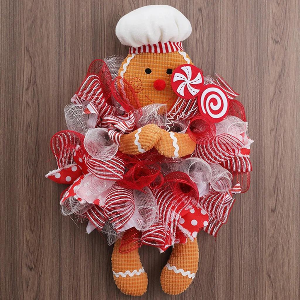 Gingerbread Man Doll Christmas Wreath Decoration Ornaments Holiday Front Door Hanging Wreath Xmas Party Home Garland Decor