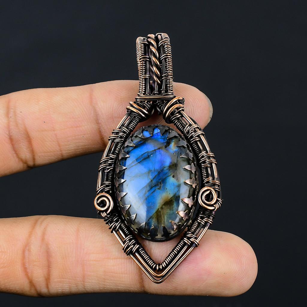Natural Labradorite Gemstone Handmade Copper Wire Wrap Pendant 2.68" m2C04