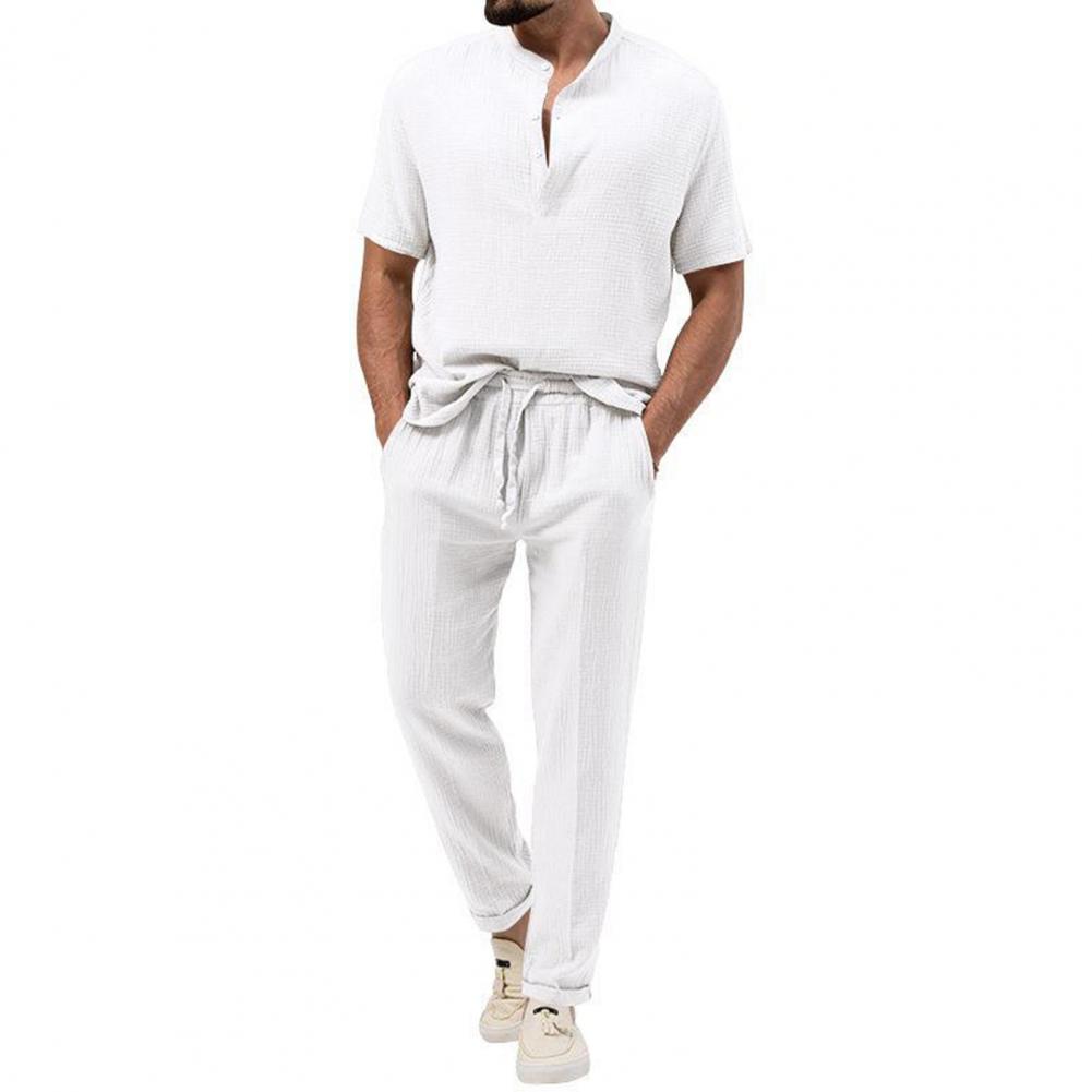 

2Pcs/Set Men Summer Outfit Stand Collar Buttons Neckline Short Sleeve T-shirt Elastic Waist Drawstring Pockets Long Pants Set M белый