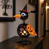 Fall Harvest Decorations Halloween Metal Crow Pumpkin Figurine, Wrought Iron Raven Statue with Witch Hat, Spooky Decor LED Candle Holder
