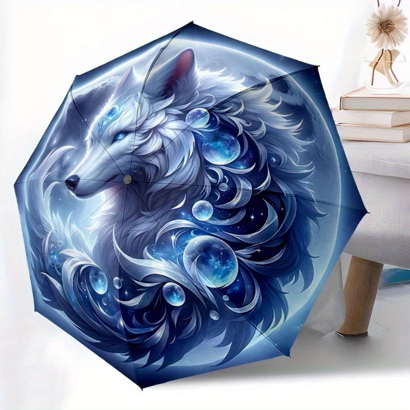 1pc Enchanted Moonlit Wolf Automatic Folding Umbrella - 3 Folding Design, Vivid Cartoon Pattern, Suitable for Outdoor Activities, A Gift for Fans