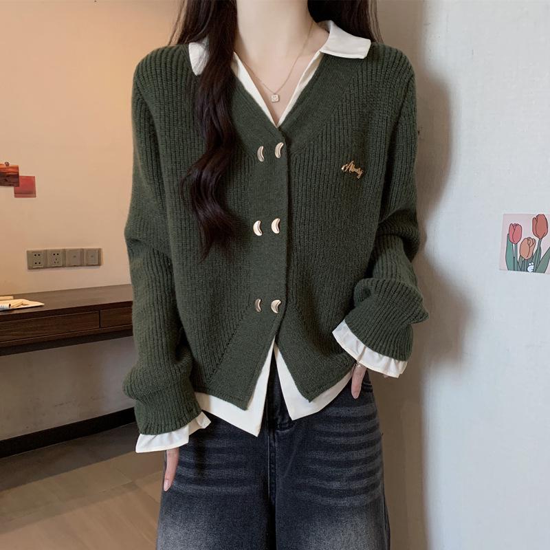 

Женский свободный вязаный кардиган в корейском стиле большого размера, стройнящий - Осенний дизайн из двух предметов M зелёный