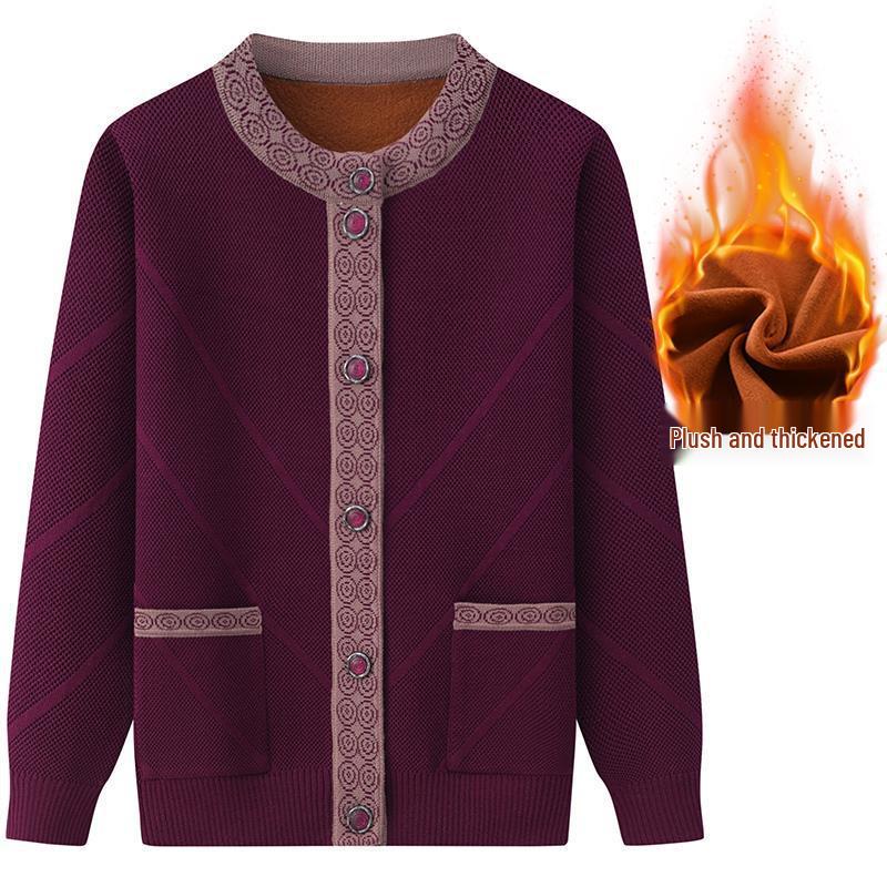 Damen Plus Samt Strickjacke - Verdickte Frühling & Herbst Jacke für Mittelalte und Ältere