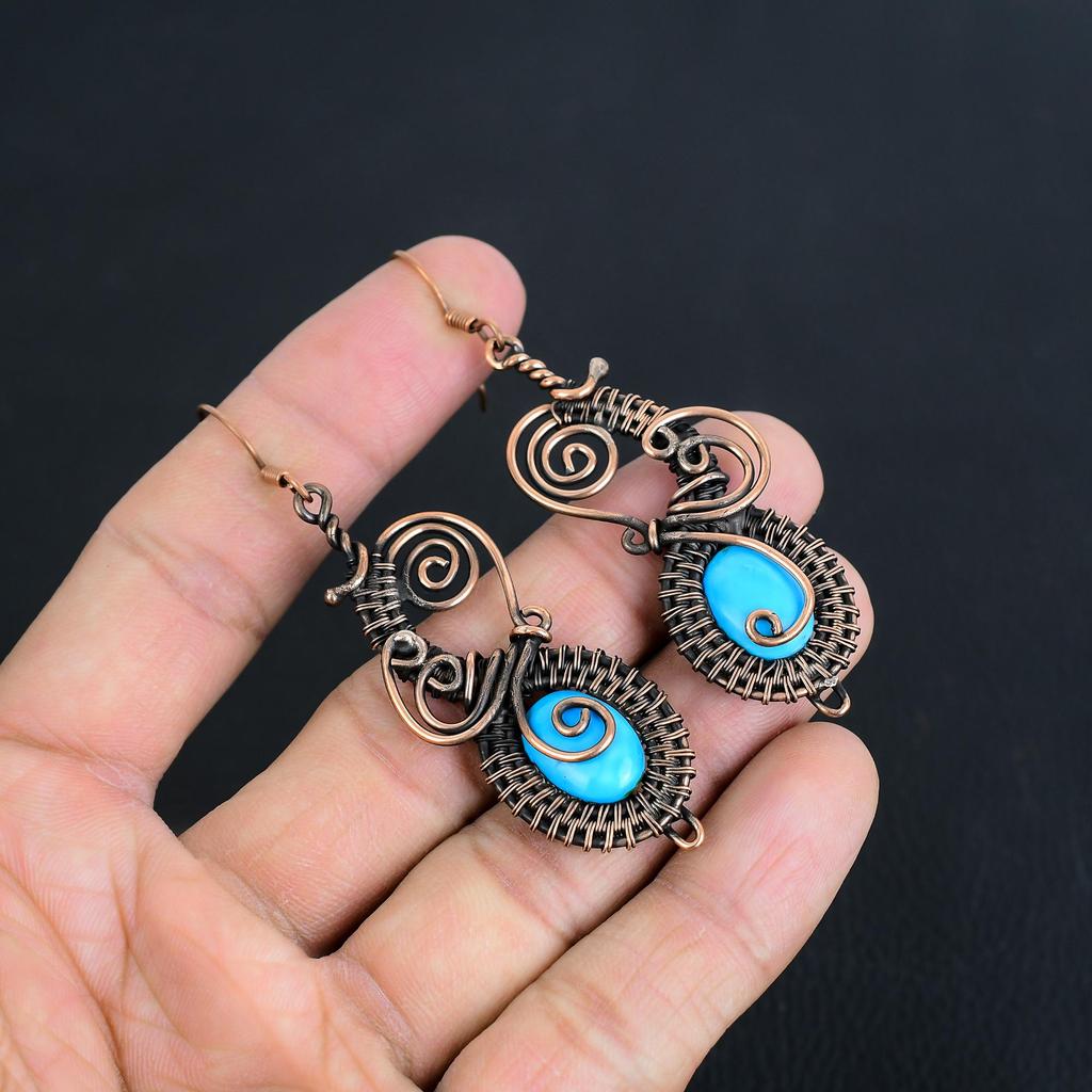 Sleeping Beauty Turquoise Earrings, 999 Copper Wire Wrapped Gemstone Jewelry, Handmade Earrings, For Thanksgiving