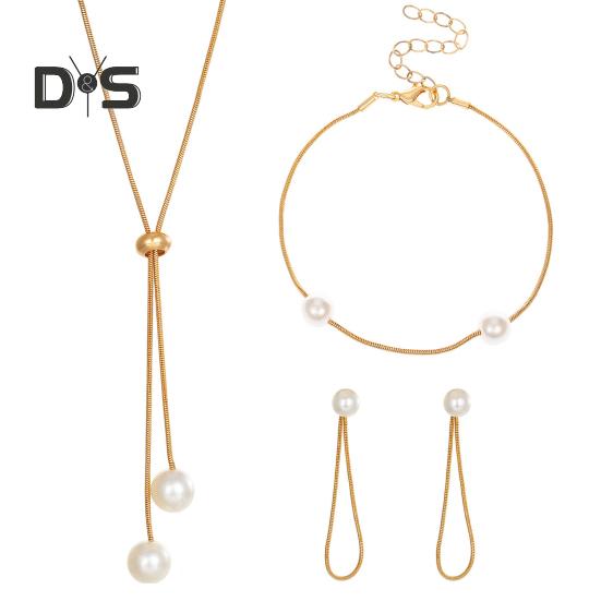 

Комплект из 3 предметов: ожерелье из искусственного жемчуга, серьги, браслет, регулируемое ожерелье из цепочки, модные аксессуары золотистый
