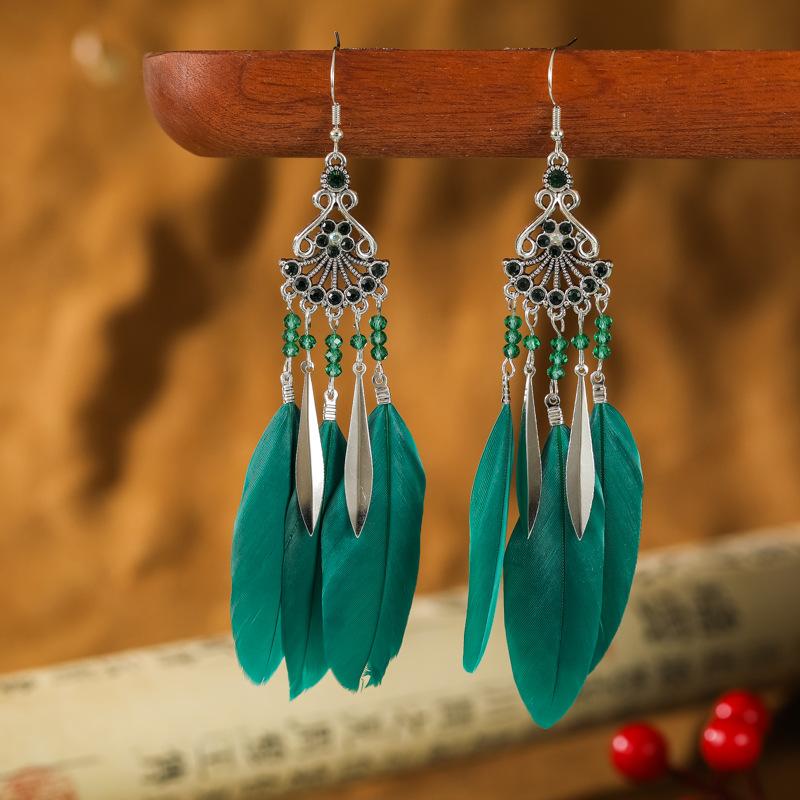 

Vintage Ethnic Bohemian Crystal Beads Handmade Feather Tassel Women Earrings Long Drop Dangle Boho Zircon Pendientes Mujer зелений