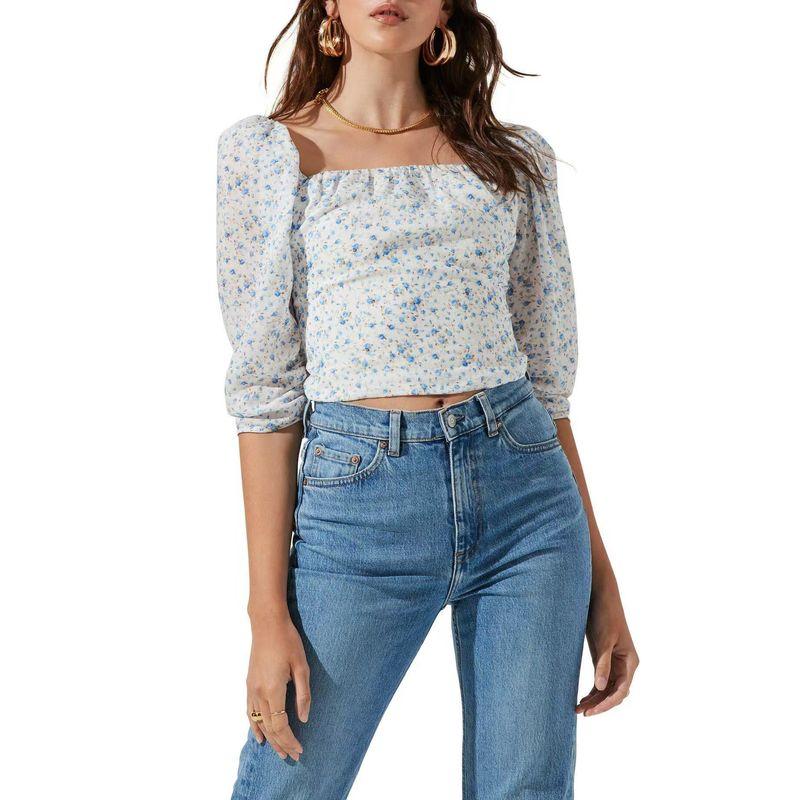 A * St Retro R Fashion Casual Floral Square Collar Puff Sleeves Short Shirt for Women