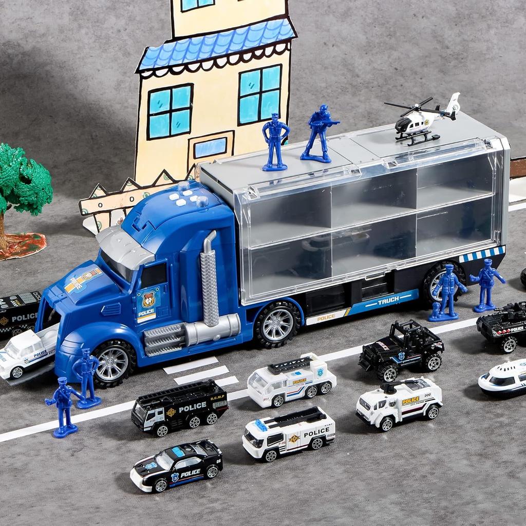 Joyfy 25 In 1 Die-cast Police Rescue Big Truck Toys Car Transporter Storage Truck with Sounds Lights  for Toddlers Birthday Gift