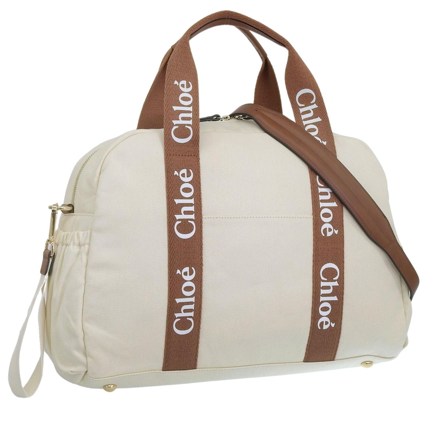 

Chloe Shoulder Diaper Size A4 Compatible Women s Bag, 2-Way Bag, Cotton, White/Brown, Kids, C20190, 148, [Used] слонова кістка