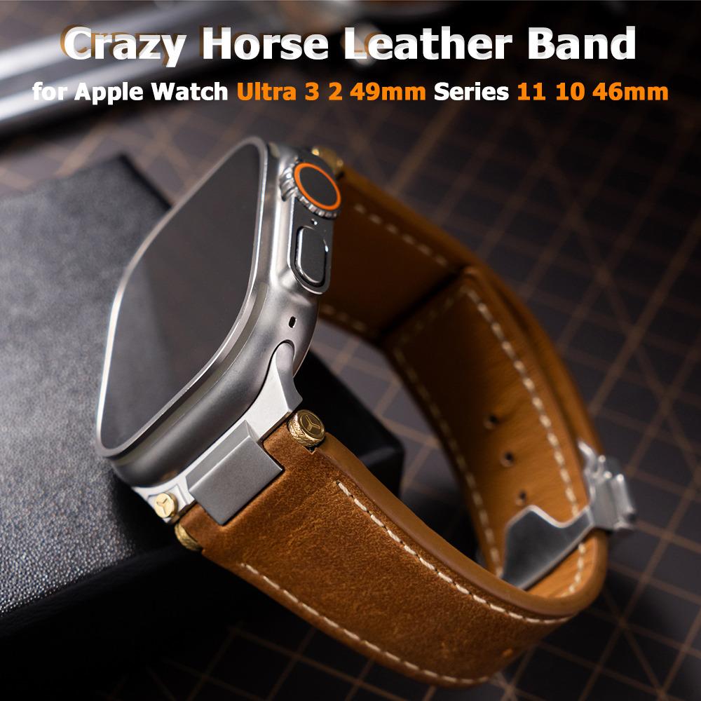 Genuine Leather Strap for Apple Watch Ultra 3 2 49mm Series 11 10 46mm Crazy Horse Leather Band for Iwatch 9 8 7 6 Se3 45mm 44mm