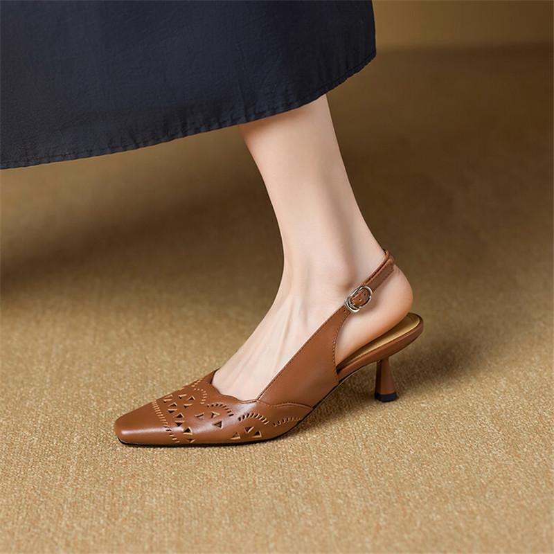 Fashion New Summer Sandals Genuine Leather Shoes for Women Fashion Hollow Out Square Toe Shoes Women High Heel Ladies Shoes Zaptos Mujer