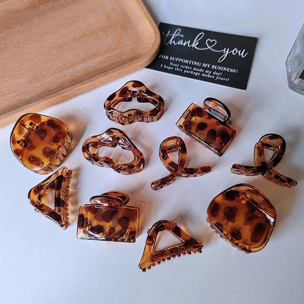 retro small coffee leopard print shark clip niche high-end style grab clip hair accessory 2PC Leopard Hair Claw  Women