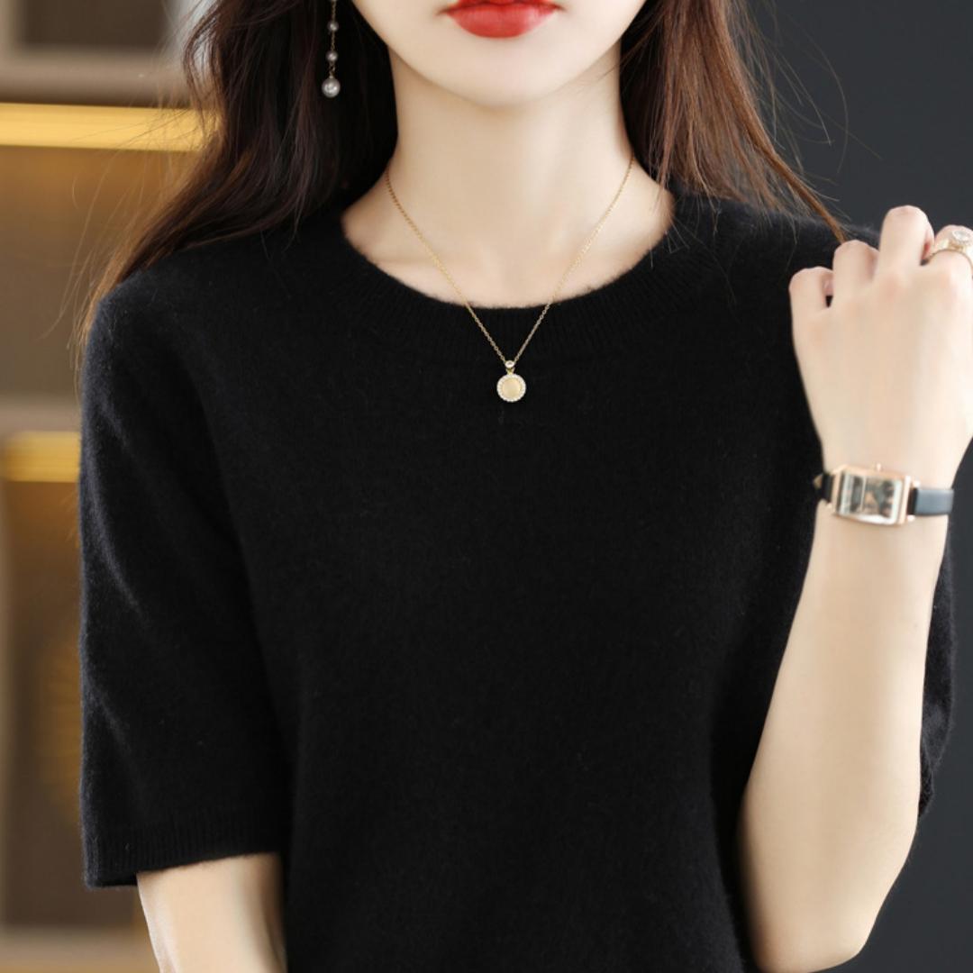 

Women s Short Sleeved Knitted Sweater Round Neck Loose Thin Top S чорний