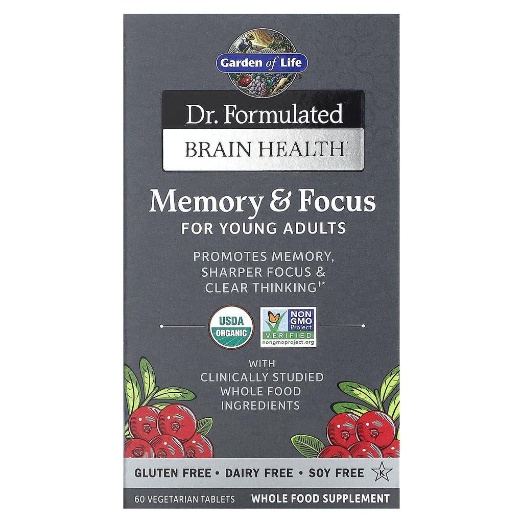 Garden of Life Dr. Formulated Brain Health, Strengthening Memory and Concentration for Young Adults, 60 Veggie Tablets