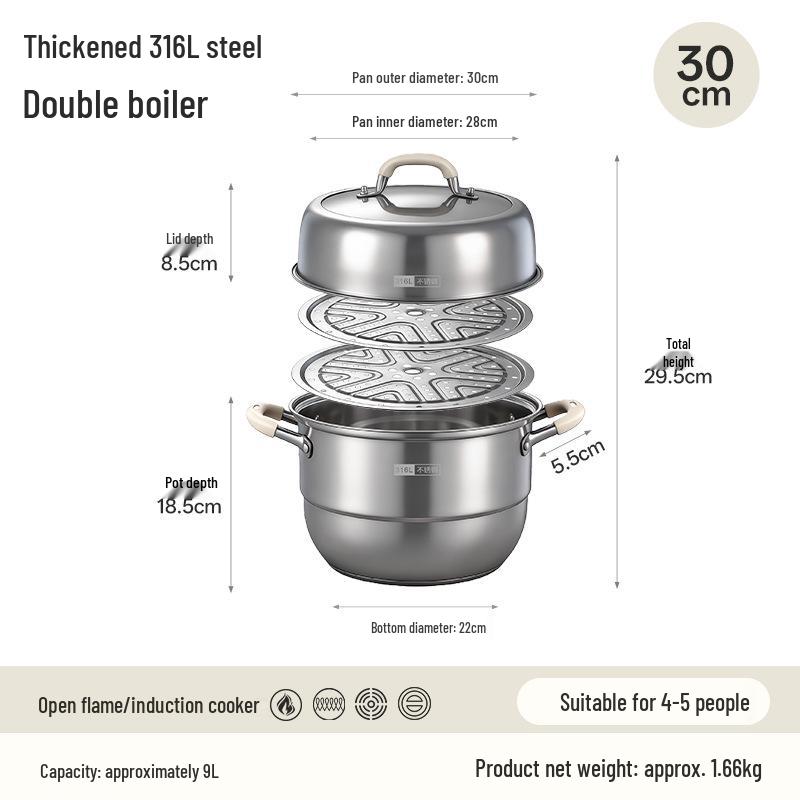316L Stainless Steel Multi-Layer Steamer Pot for Steaming, Cooking, and Stewing – Induction and Gas Compatible.