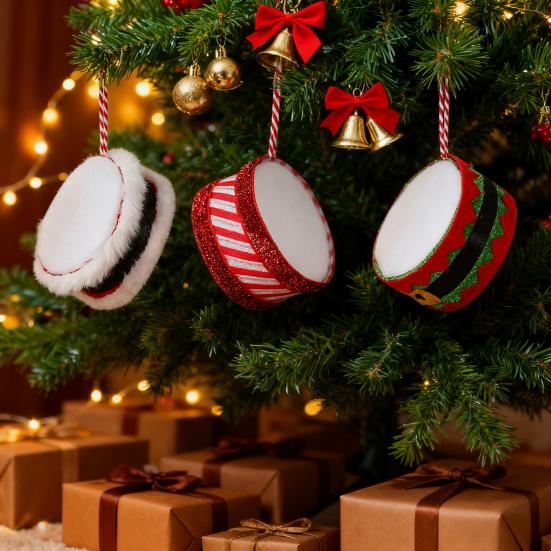 Christmas Drum Hanging Ornament for Tree Decoration Plush Fabric Texture Classic Red Green Colors