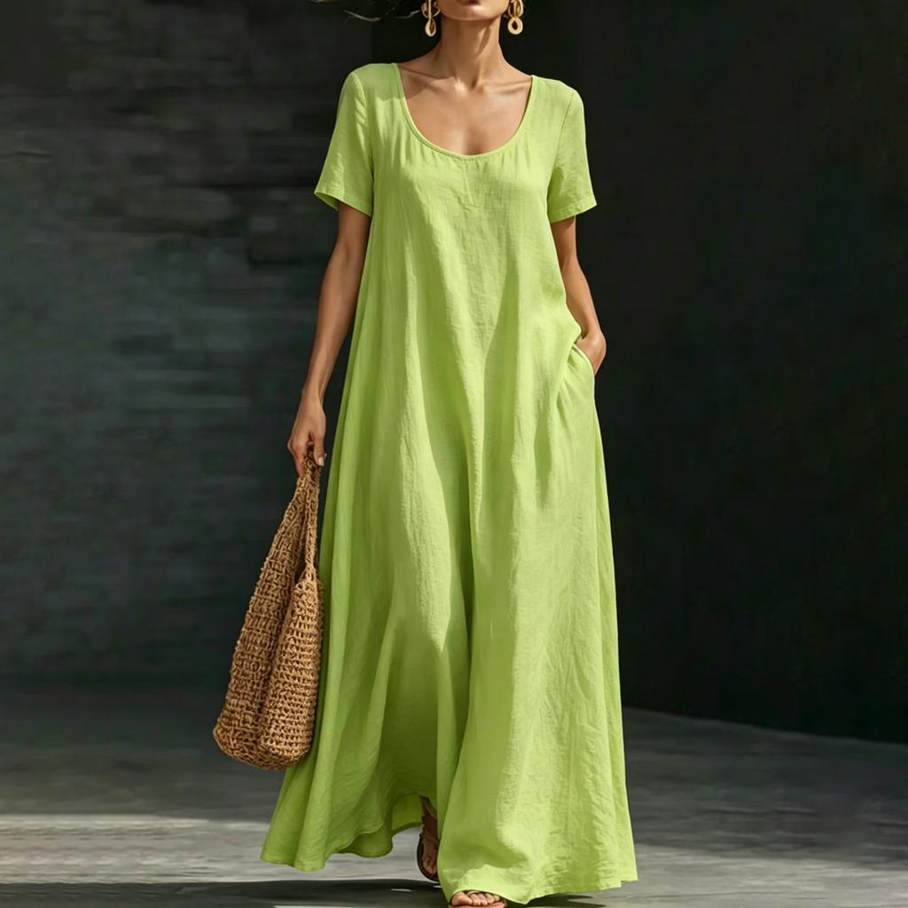 Abito Lungo Casual da Donna Estivo Moda Scollo a V Manica Corta con Spalline da Spiaggia Ampio per Vacanze
