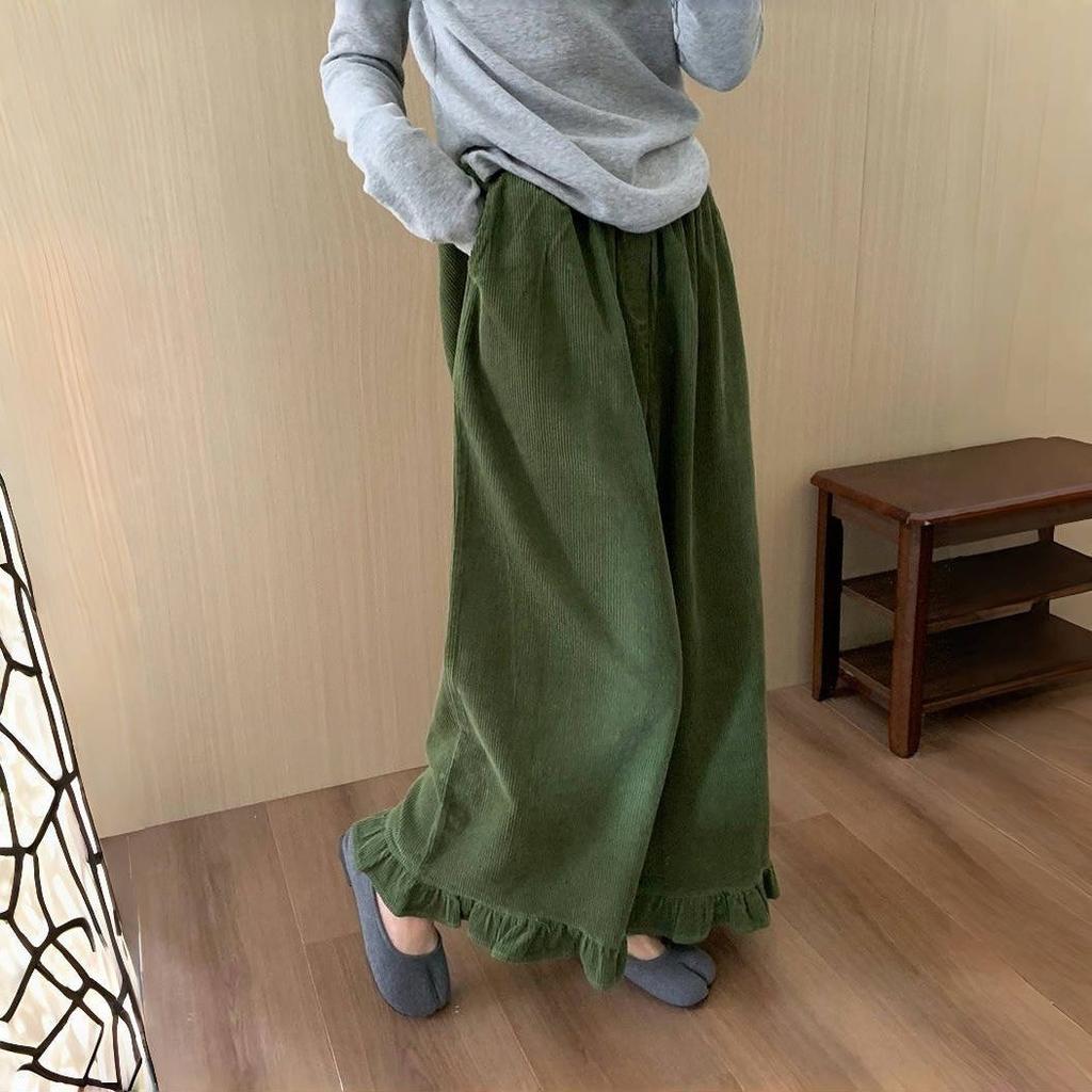 Japanese Retro Lace Trim Wide-Leg Pants for Women - High-Waisted Ankle-Length Versatile Casual Trousers for Spring