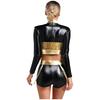 Womens Metallic Shiny Clubwear Outfits Snakeskin Pattern Print Long Sleeve Crop Tops+High Waist Shorts for Raves Disco Dance Top