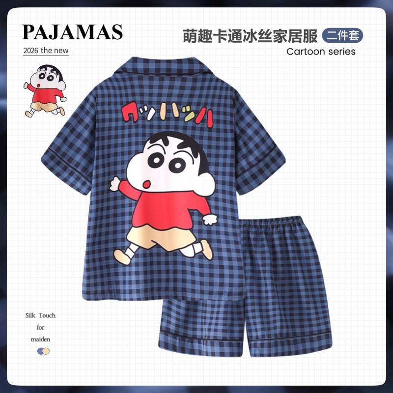 Boys Lightweight Ice Silk Pajama Set Short Sleeve Sleepwear Kids 3-8 Years Cartoon Print Two-Piece Home Wear