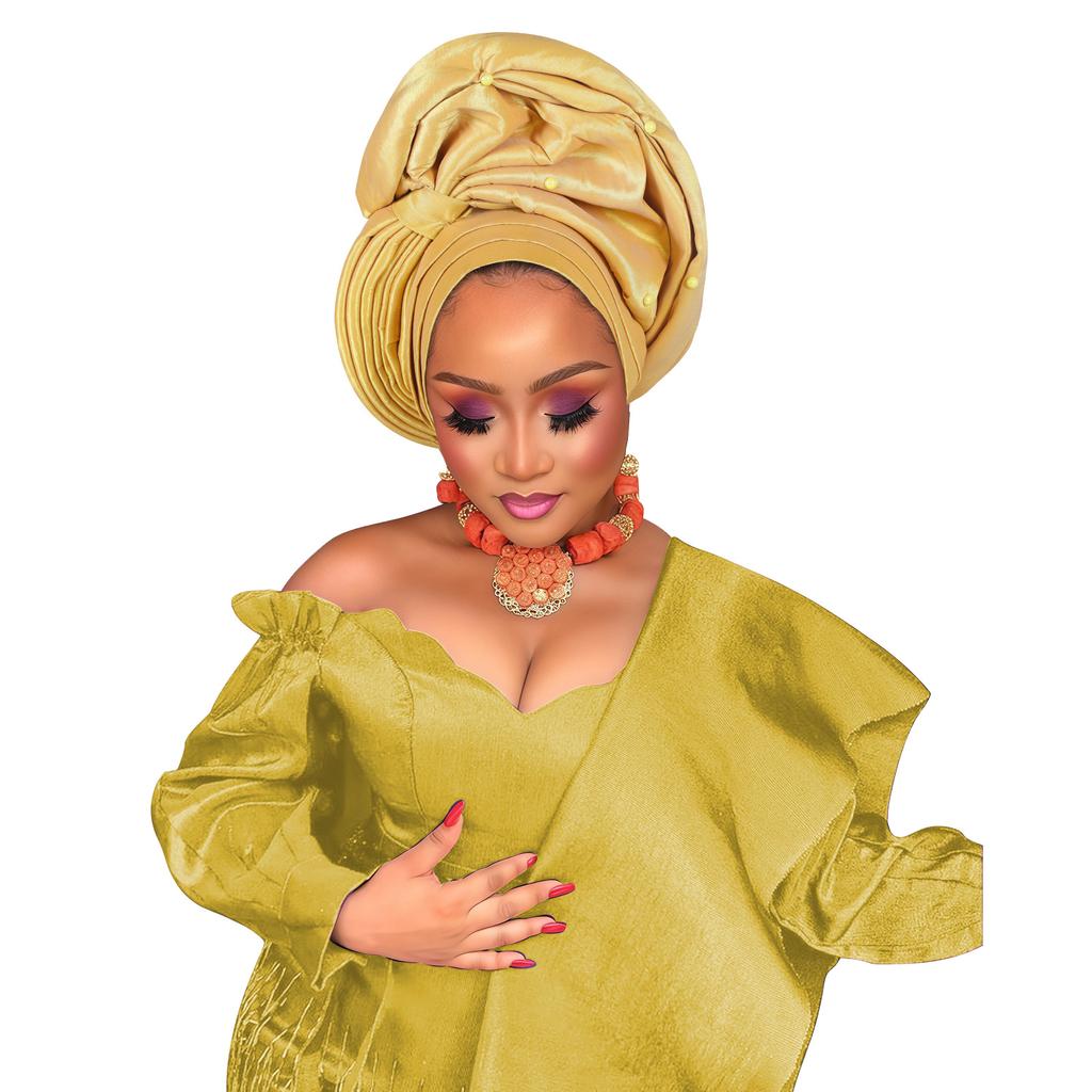 Raw Silk Turban Cap For Women African Female Head Wraps Nigeria Wedding Party Headcover Hat Ready To Wear Head Ties