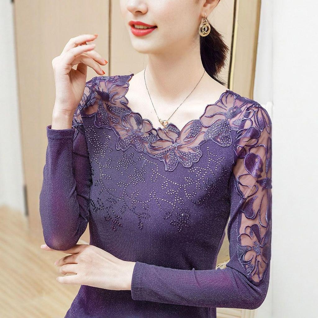 Women's Embroidered Mesh Long-Sleeve Round Neck Top