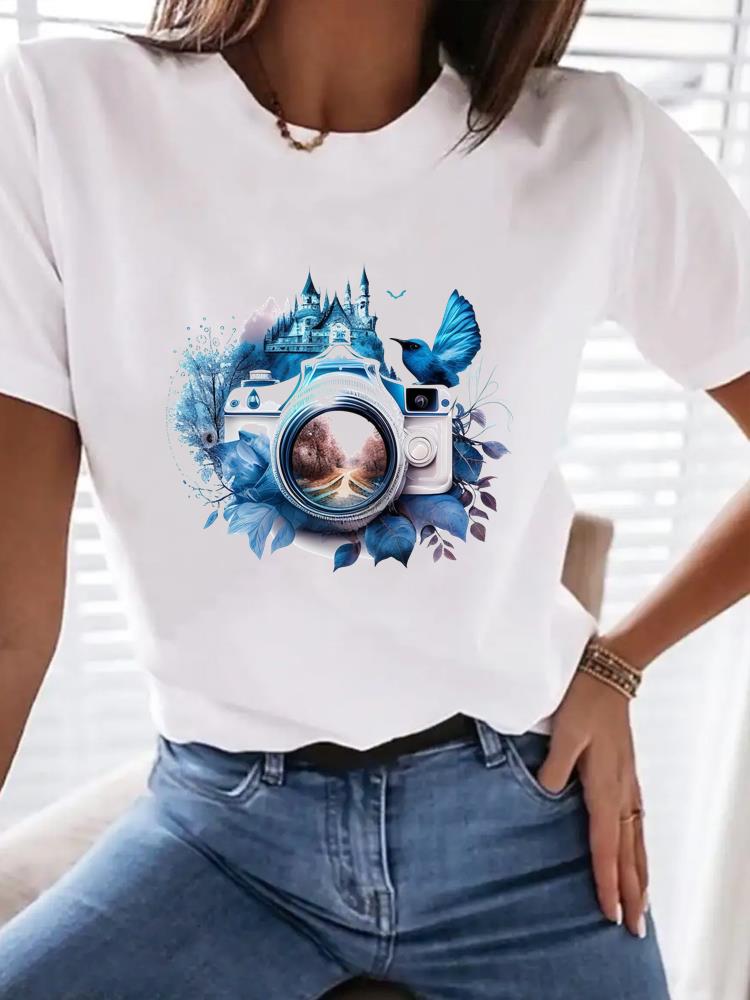 (Asian Size) Watercolor Flower Trend Women Tee Top Fashion Clothing T Shirt Woman Print Female Short Sleeve Graphic T-shirts