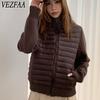 VEZFAA Moda feminina casual outono inverno cor sólida estampa manga comprida jaquetas e casacos casacos de plumas