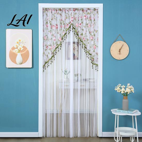 Light Filtering Balcony Partition Sheer Lace Door Curtain Embroidered Floral Doorway Curtain with Beads No Drill Rod Pocket Room Divider for Bedroom