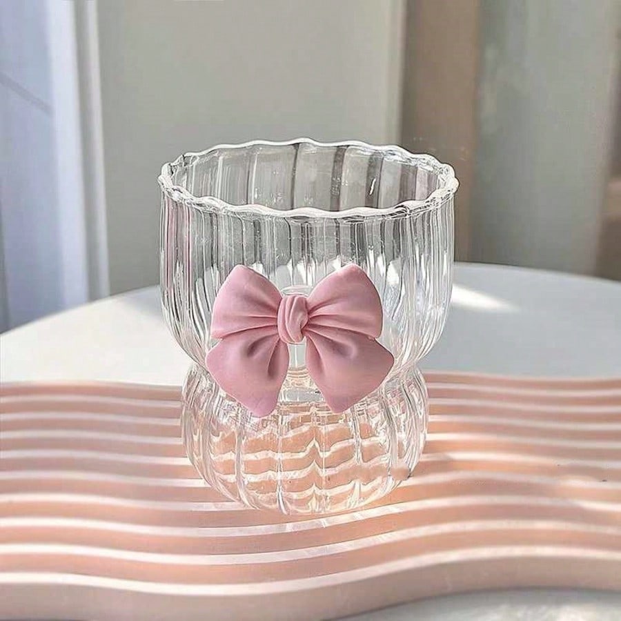 1pc Pink Glass Cup With 3D Bow Lid, Heat-Resistant Borosilicate Glass Cup For Hot & Cold Drinks, Reusable Multipurpose.