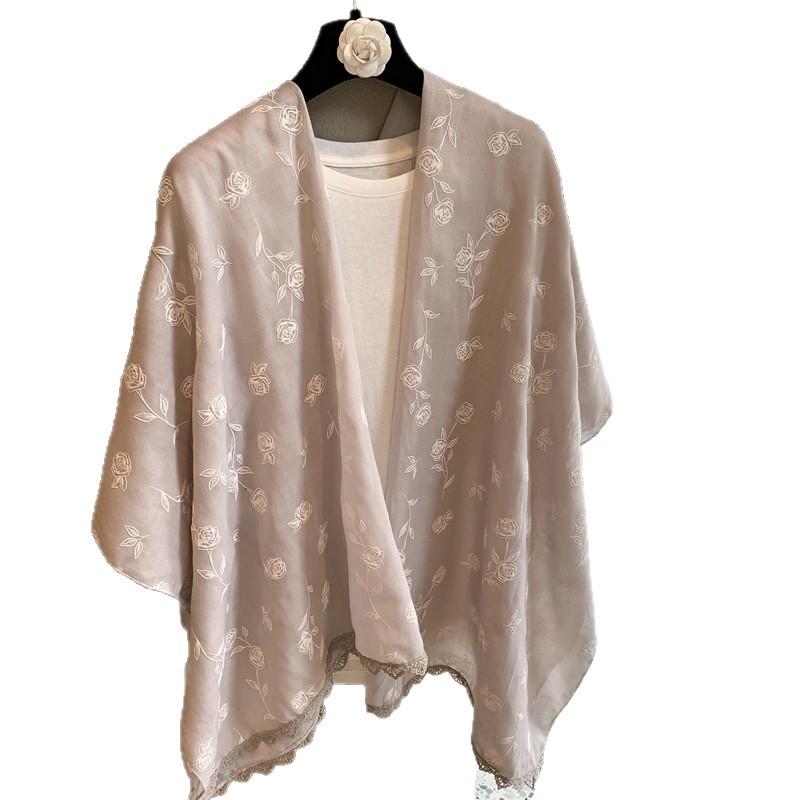 Four Seasons Cotton And Linen Feel Scarf Plain Floral Lace Soft Skin-Friendly Small Fresh Accessories Silk Scarf Women'S Shawl