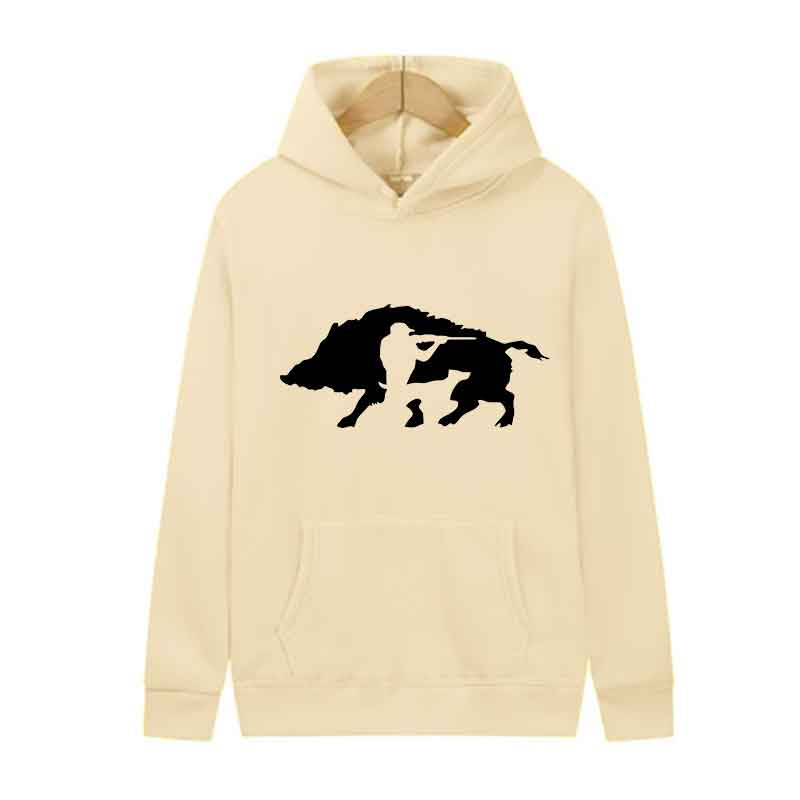 Wild Boar and Hunter Print Beast Men's Hooded Sweatshirt Long sleeved Casual Hoodie Warm Street Clothing Winter Fashion Top