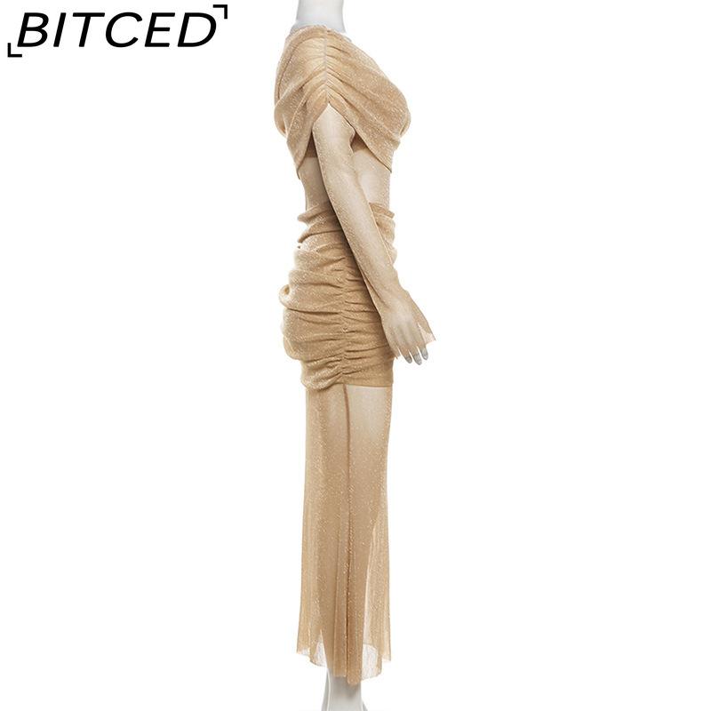 BITCED Fall Women's Solid-Color Slim-Fit High-Waisted Fashion O-Neck Long-Sleeve Mesh Dress