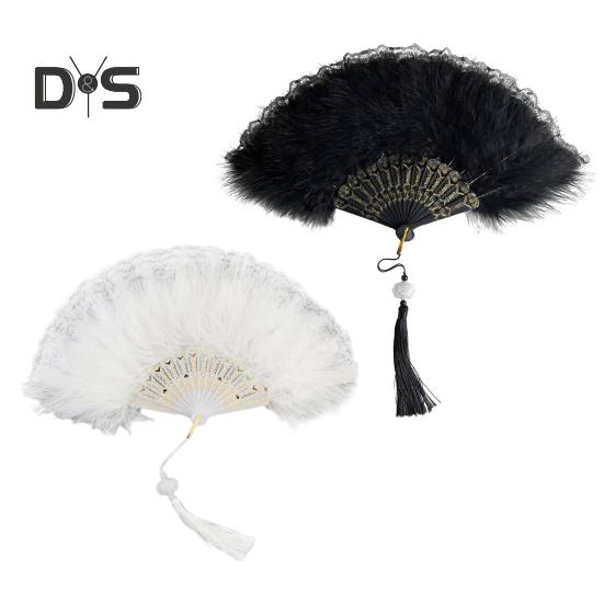 Vintage-Faltfächer aus Federspitze mit Quasten, tragbarer Handfächer für den Sommer, Dekoration, Tanz-Requisiten, Party-Kostümzubehör