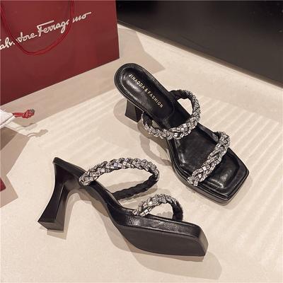 Silver Square Head with Rhinestone High-heeled Cool Slippers, Female Summer Wear Open-toed Waterproof Table Thick-heeled Versatile Half-slippers