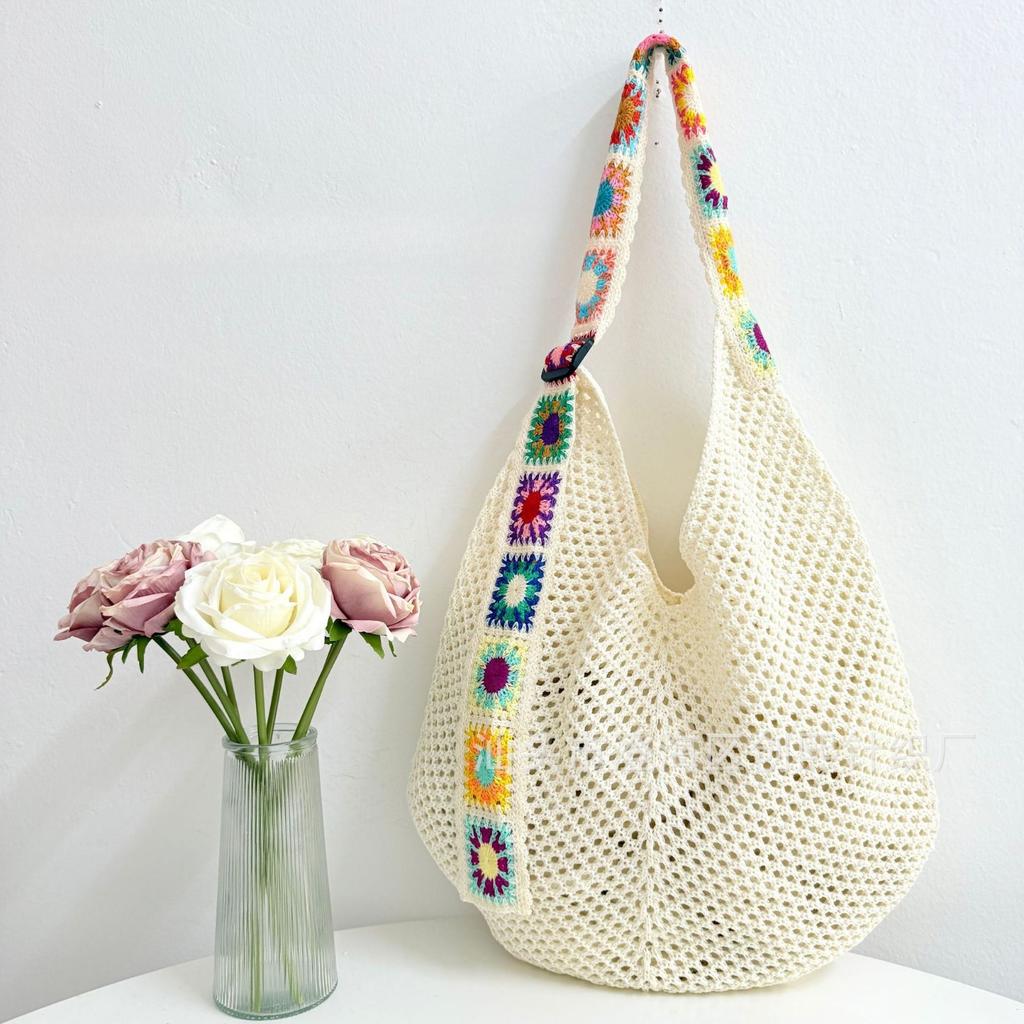 Mesh Beach Bag Knit Summer Hobo Bag Vacation Boho Tote Bag for Women Crochet Tote Bag