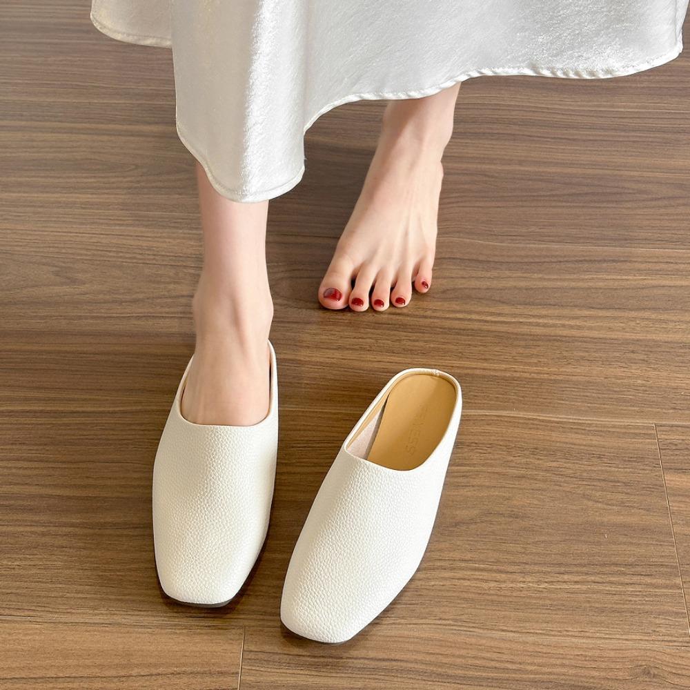 Genuine Leather Slippers Women's Summer Outer Wear Flat Bottomed Casual Muller Bag Head Half Slippers Mules Women's Flat Shoes