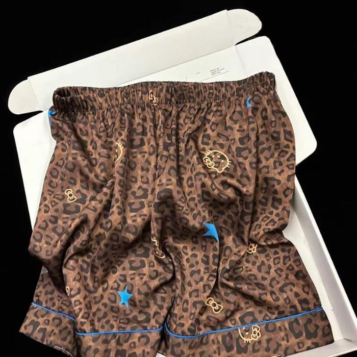 

French leopard print ice silk simple casual pajamas spring and autumn new long-sleeved large-size loungewear can be worn outside M