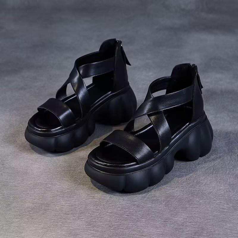 Popular Muffin Platform Cross Sandals Summer 2025 New Soft Leather Roman Beach Shoes Zipper Fashion Cool Boots