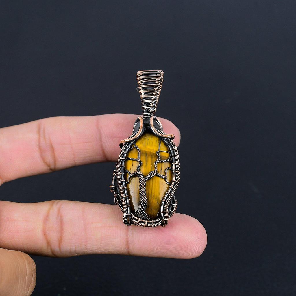 Tigeröga 999 koppartrådslindat hänge, handgjort ädelstenshänge, present till mamma antika smycken