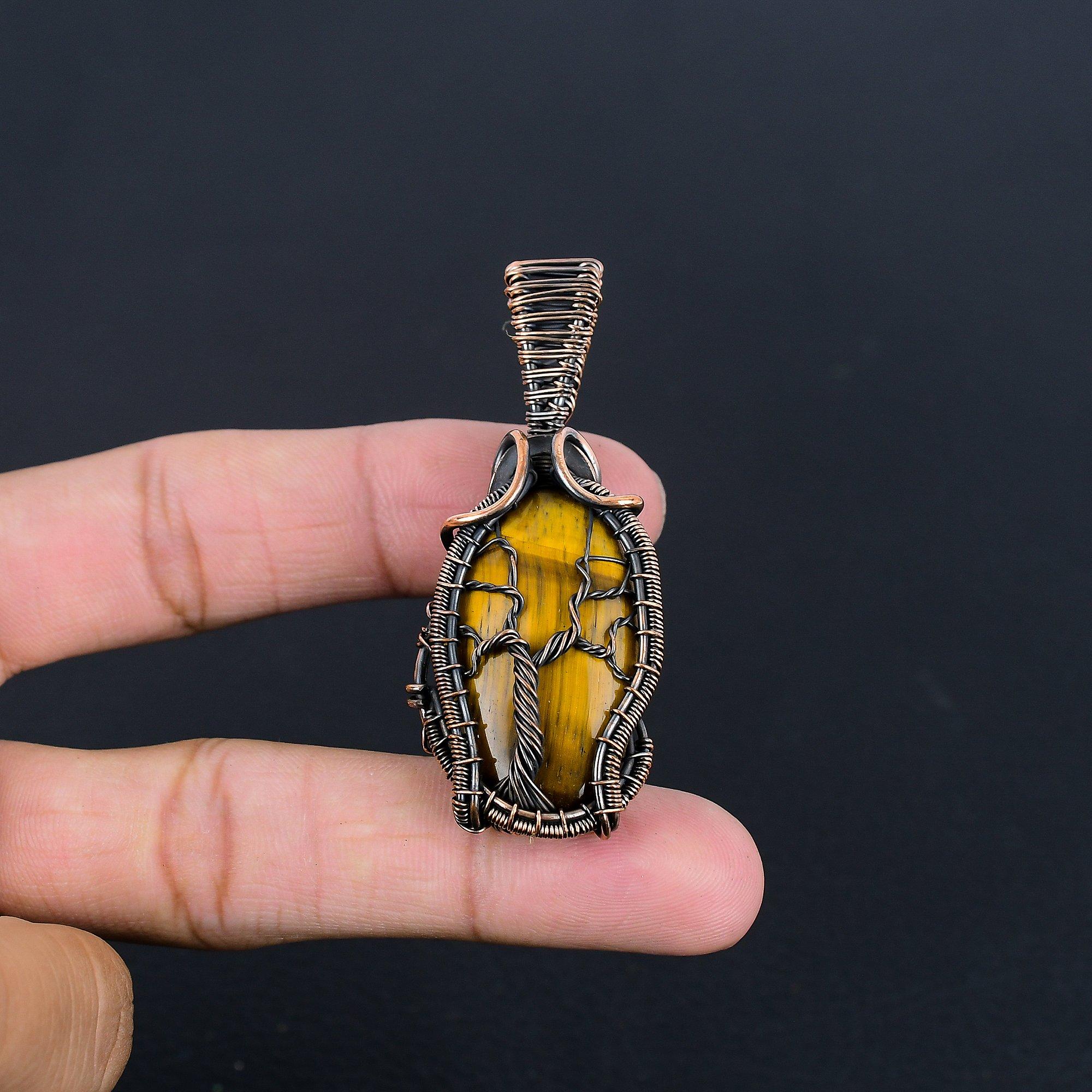 

Кулон из Тигрового глаза, обернутый медной проволокой 999 пробы, Кулон из натурального камня ручной работы, Подарок для мамы, Антикварное украшение 2.25 Inches