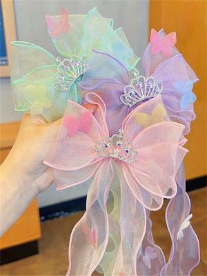 1 Women's Spring New Light Color Long Veil Crown Can Tie Hair Bow Hair Clip Hair Accessories