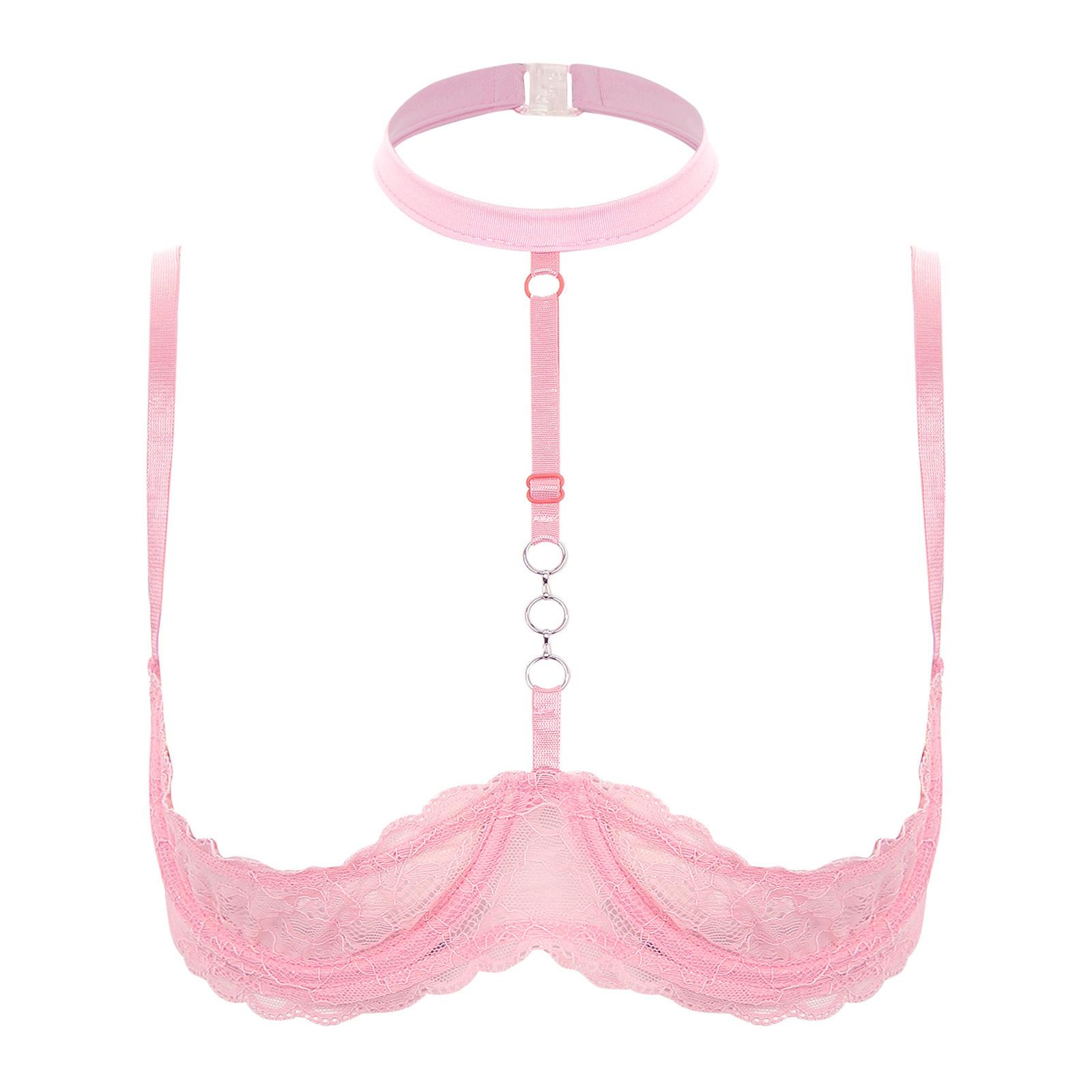 

Жіночий бюстгальтер з кісточками на 1/4 чашки, з бретелями-холтер, з О-кільцем, з прозорого мережива, пуш-ап, білизна рожевий