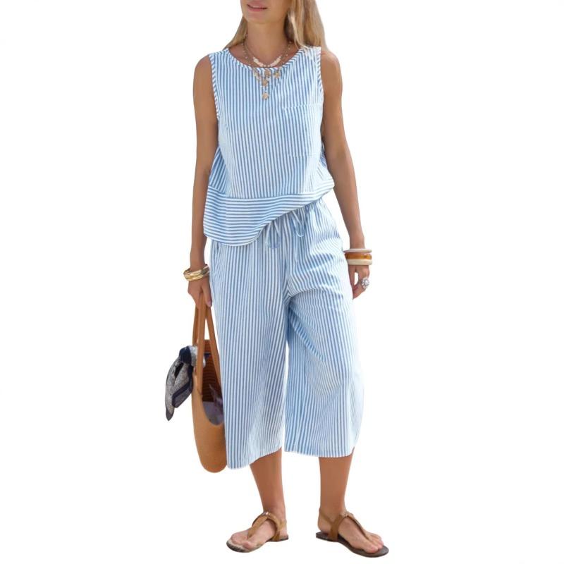 

Womens Striped Sleeveless Top And Drawstring Culottes Two Piece Set S синій
