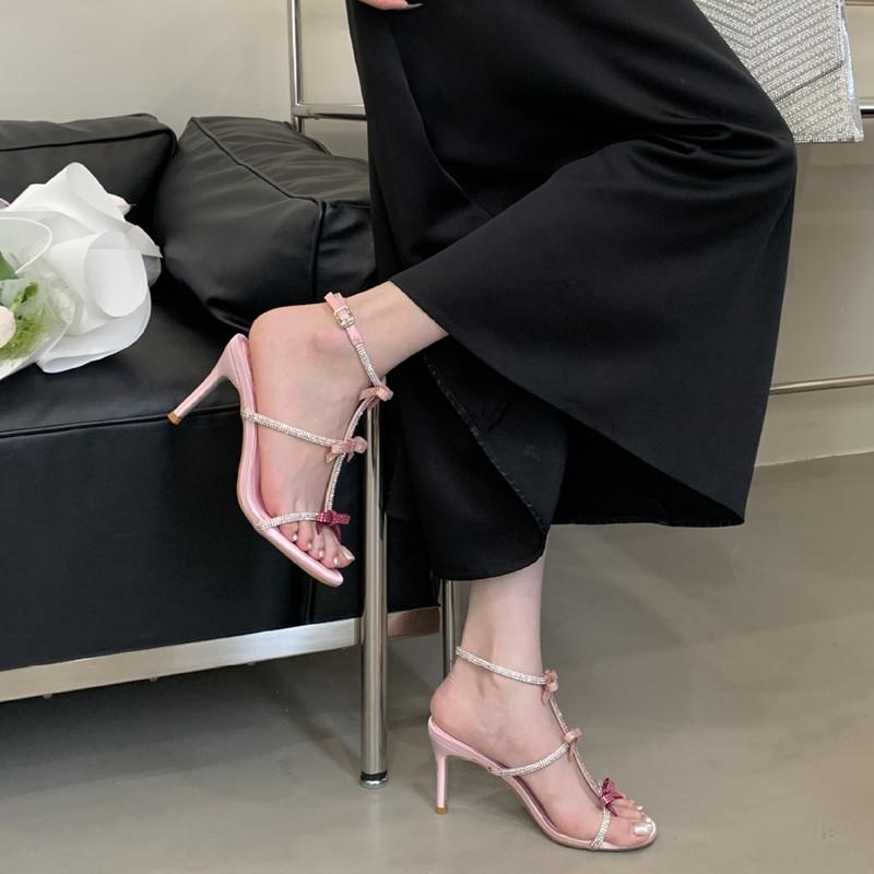 Sweet Pink Bowknot Rhinestones T-Strap Women Gladiator Sandals Summer Slingbacks Thin High heels Party Wedding shoes